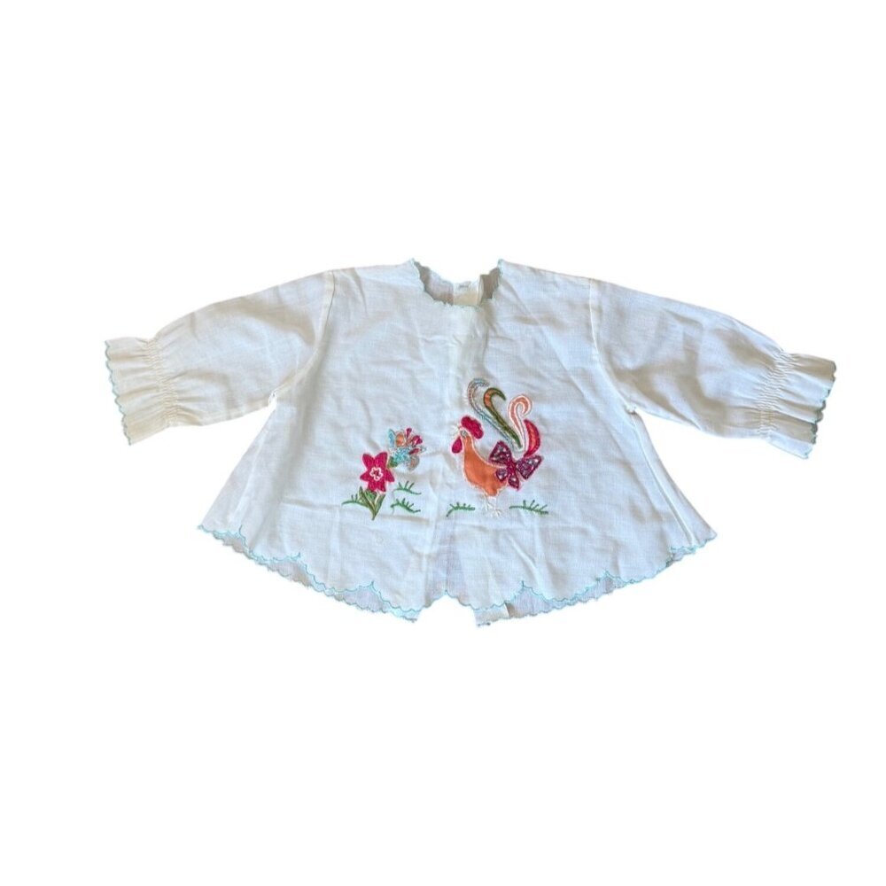 Vintage Baby Girl Blouse With Embroidered Rooster & Floral Design Scalloped Hem